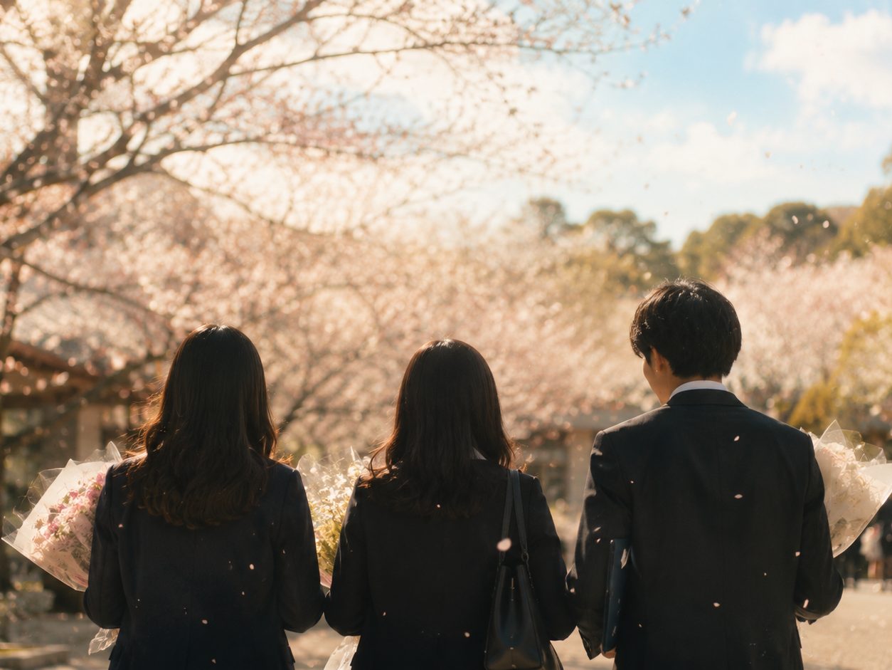 桜並木を歩く卒業生たちの後ろ姿