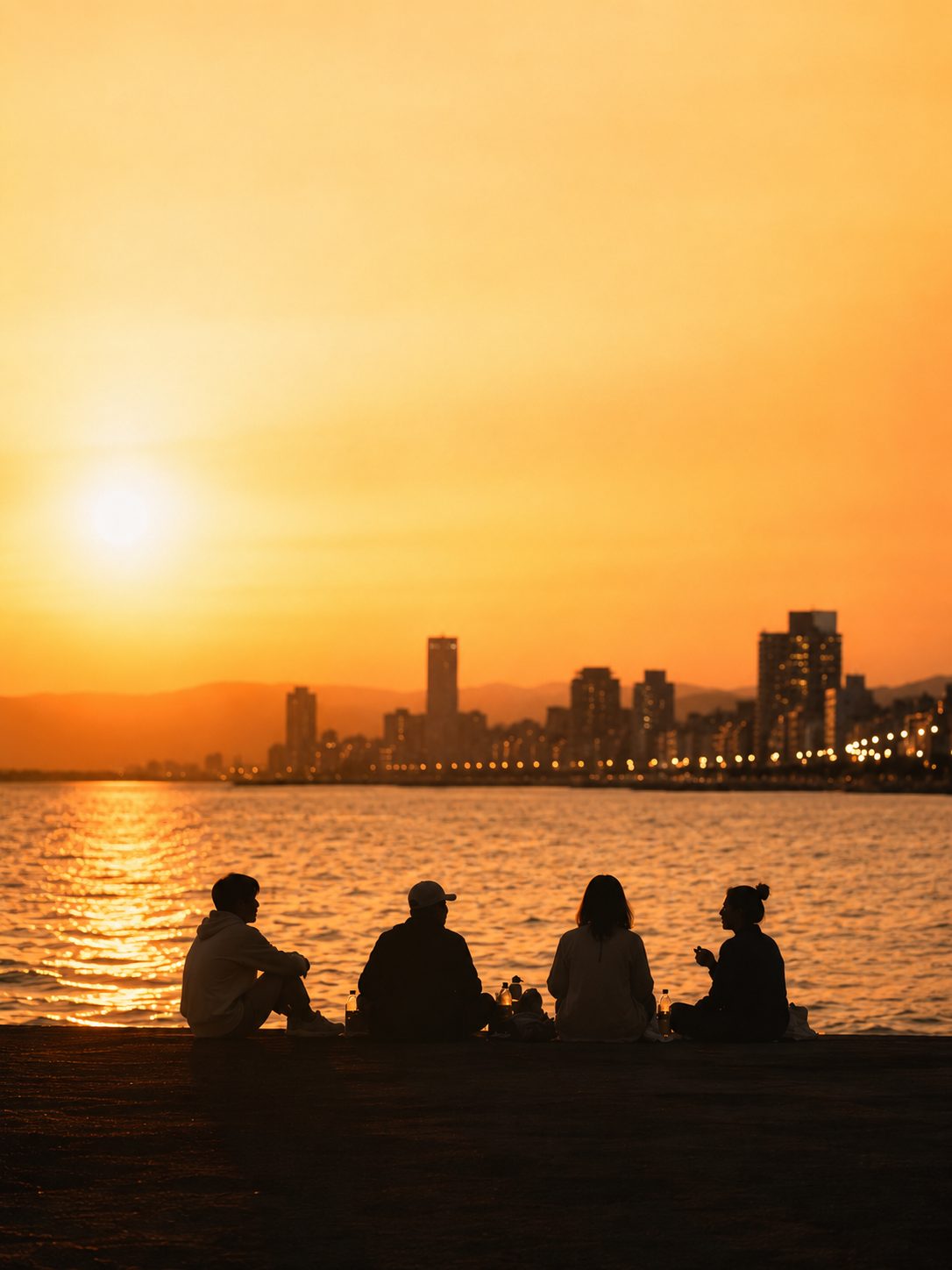 夕暮れに語り合う仲間たちのシルエット