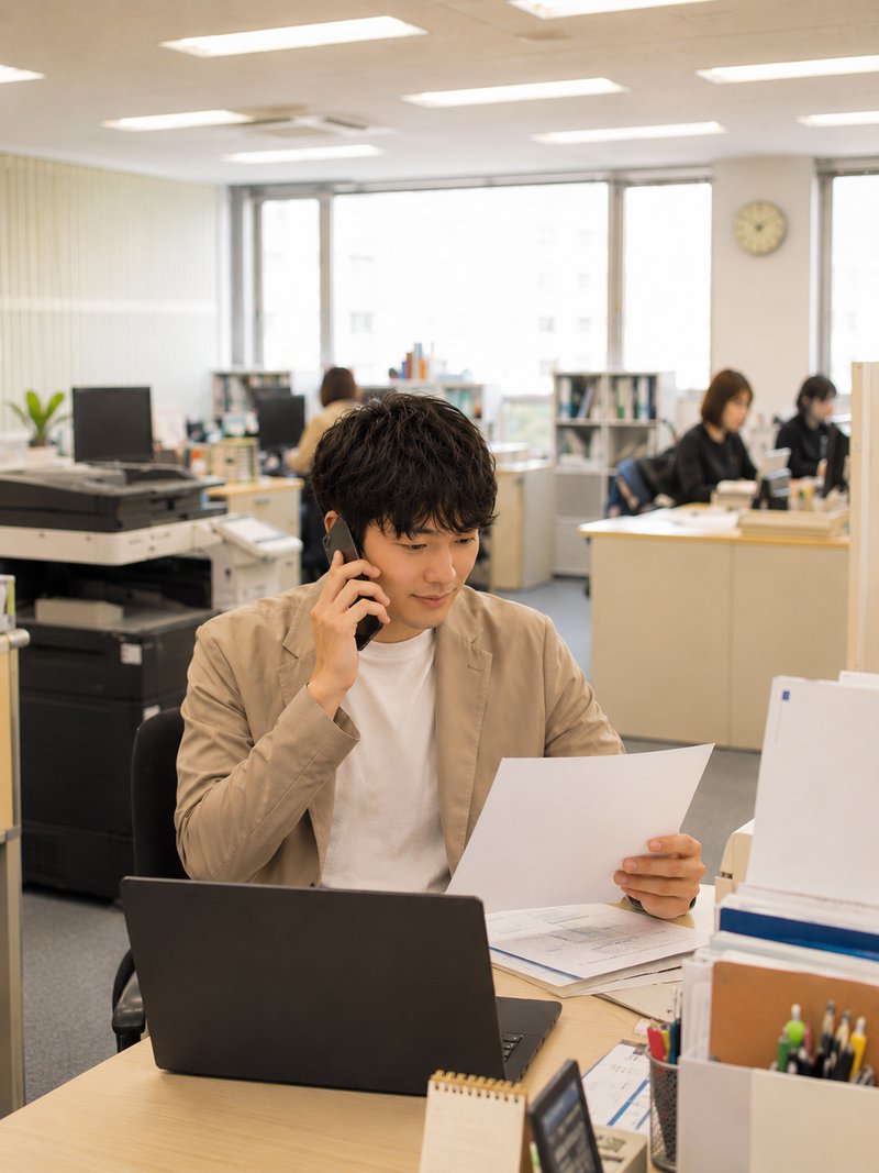オフィスで電話対応をしながら書類を確認する営業担当